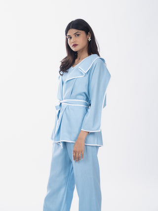 Sky Blue Cotton Structured Shirt Pant Set | Belted Waist | For Women