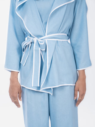 Sky Blue Cotton Structured Shirt Pant Set | Belted Waist | For Women