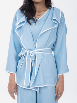 Sky Blue Cotton Structured Shirt Pant Set | Belted Waist | For Women
