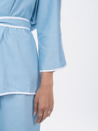 Sky Blue Cotton Structured Shirt Pant Set | Belted Waist | For Women