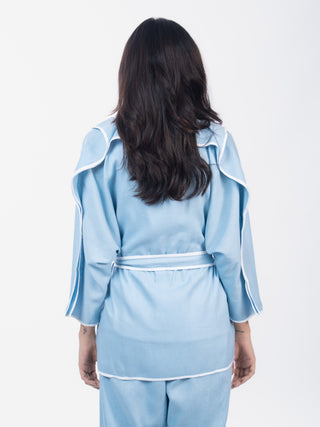 Sky Blue Cotton Structured Shirt Pant Set | Belted Waist | For Women