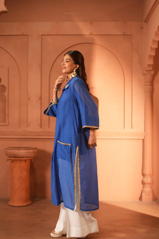 Blue Chanderi Kurta with Embroidered Detail on Collar