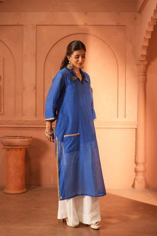 Blue Chanderi Kurta with Embroidered Detail on Collar