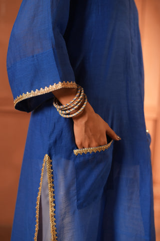 Blue Chanderi Kurta with Embroidered Detail on Collar