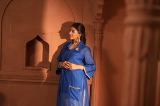 Blue Chanderi Kurta with Embroidered Detail on Collar
