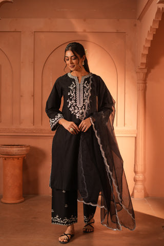 Black Lawn Embroidered  Kurta Set With Dupatta