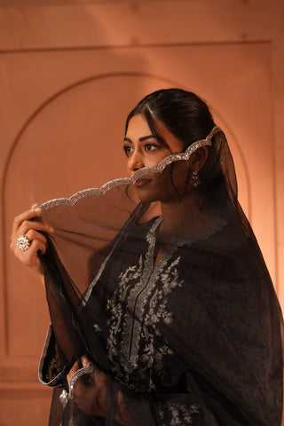 Black Lawn Embroidered  Kurta Set With Dupatta