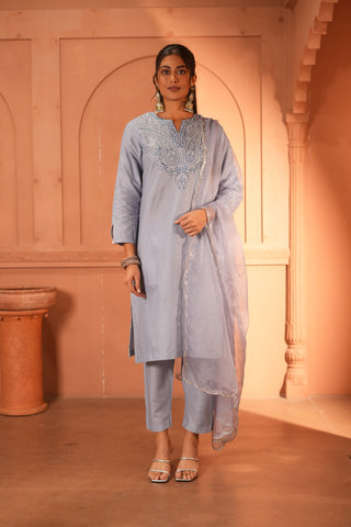 Powder Blue Lawn Embroiderd Kurta Set With Dupatta