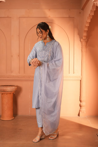 Powder Blue Lawn Embroiderd Kurta Set With Dupatta