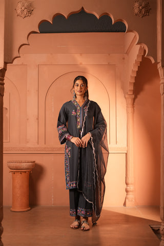 Black Plum Lawn Embroidered Kurta Set With Dupatta