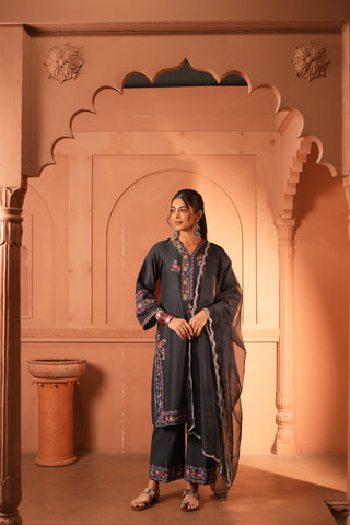 Black Plum Lawn Embroidered Kurta Set With Dupatta