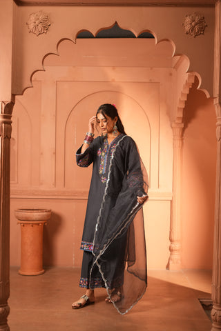 Black Plum Lawn Embroidered Kurta Set With Dupatta