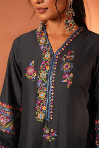 Black Plum Lawn Embroidered Kurta Set With Dupatta
