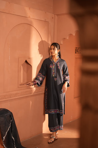 Black Plum Lawn Embroidered Kurta Set With Dupatta