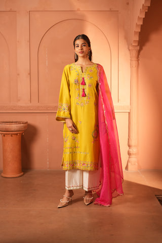 Lemon Green Lawn Embroidered Kurta Set with Dupatta