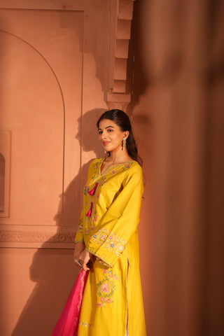 Lemon Green Lawn Embroidered Kurta Set with Dupatta