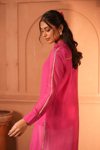 Pink Chanderi Kurta With Lace Detail