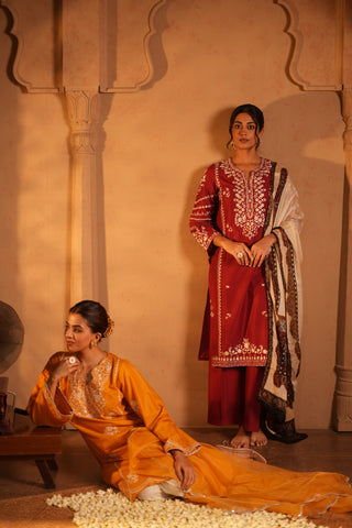 Red Lawn Embroidered Kurta Set with Dupatta