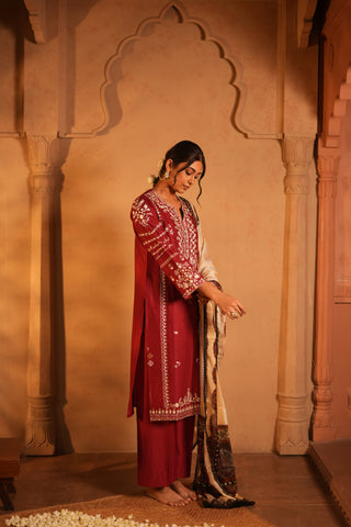 Red Lawn Embroidered Kurta Set with Dupatta