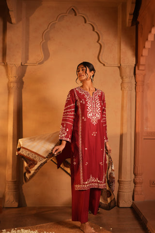 Red Lawn Embroidered Kurta Set with Dupatta