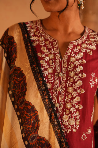 Red Lawn Embroidered Kurta Set with Dupatta