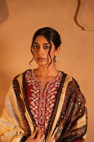 Red Lawn Embroidered Kurta Set with Dupatta