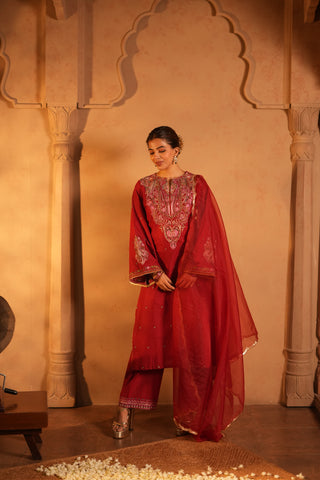 Red Lawn Embroidered  Kurta Set With Dupatta
