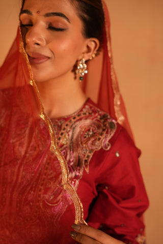 Red Lawn Embroidered  Kurta Set With Dupatta