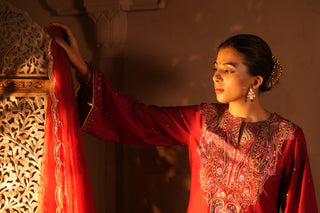 Red Lawn Embroidered  Kurta Set With Dupatta