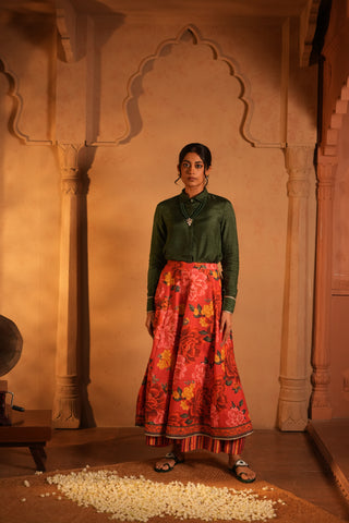 Doha Slik Shirt and Cotton Red Flower Printed Skirt