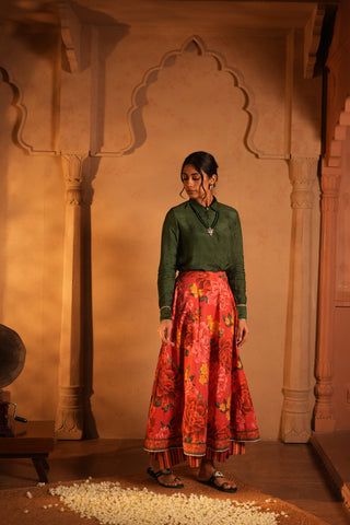 Doha Slik Shirt and Cotton Red Flower Printed Skirt