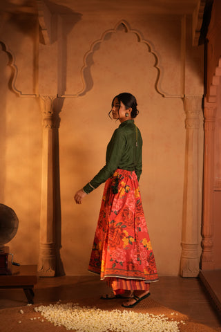 Doha Slik Shirt and Cotton Red Flower Printed Skirt