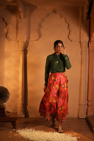 Doha Slik Shirt and Cotton Red Flower Printed Skirt