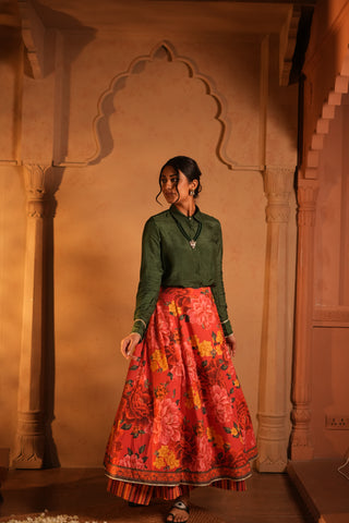 Doha Slik Shirt and Cotton Red Flower Printed Skirt