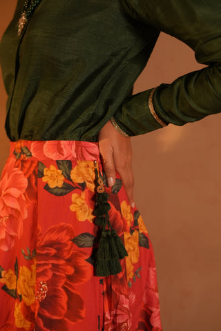Doha Slik Shirt and Cotton Red Flower Printed Skirt