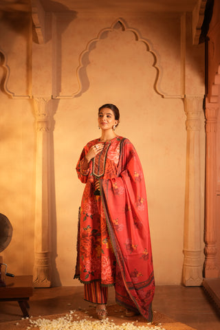 Red Floral Print Kurta Set with Dupatta
