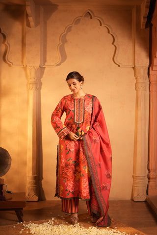 Red Floral Print Kurta Set with Dupatta