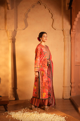 Red Floral Print Kurta Set with Dupatta