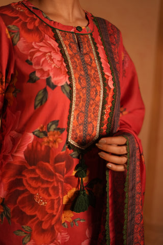 Red Floral Print Kurta Set with Dupatta