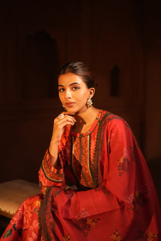 Red Floral Print Kurta Set with Dupatta