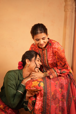 Red Floral Print Kurta Set with Dupatta