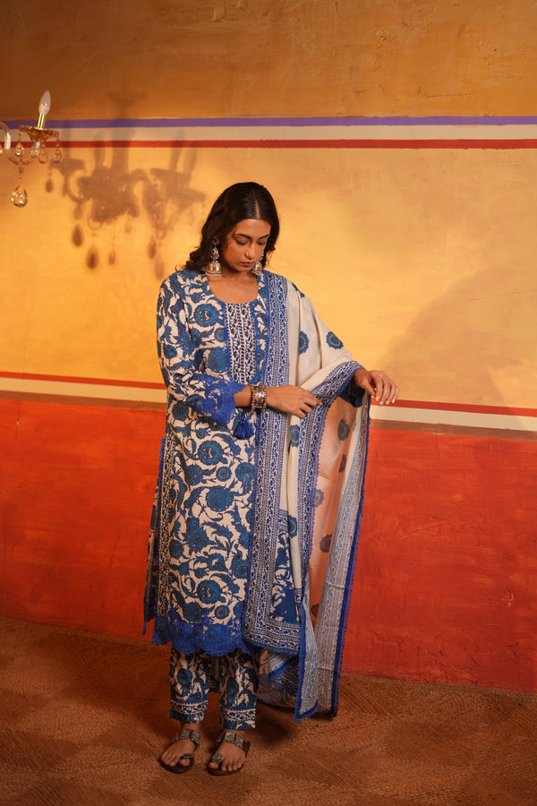 Blue Floral Print Cotton Kurta set with Dupatta