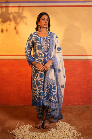 Blue Floral Print Cotton Kurta set with Dupatta