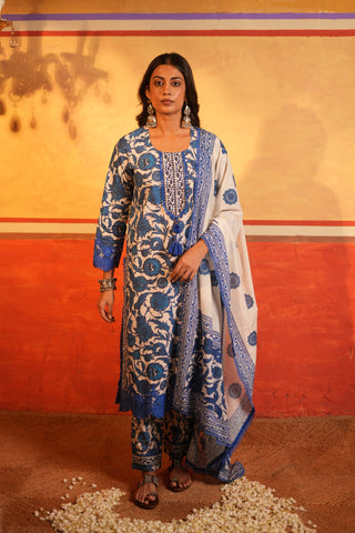 Blue Floral Print Cotton Kurta set with Dupatta
