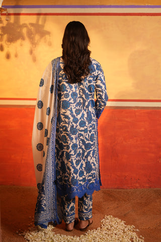 Blue Floral Print Cotton Kurta set with Dupatta