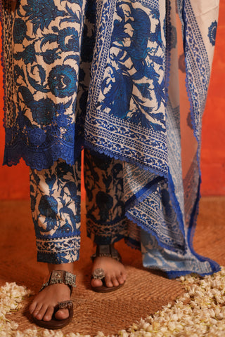 Blue Floral Print Cotton Kurta set with Dupatta