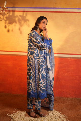 Blue Floral Print Cotton Kurta set with Dupatta