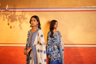 Blue Floral Print Cotton Kurta set with Dupatta