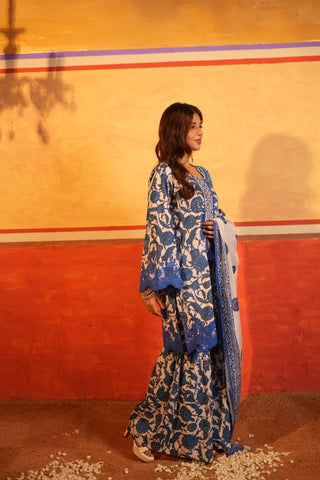 Blue Floral Printed Cotton Garara Set with Dupatta