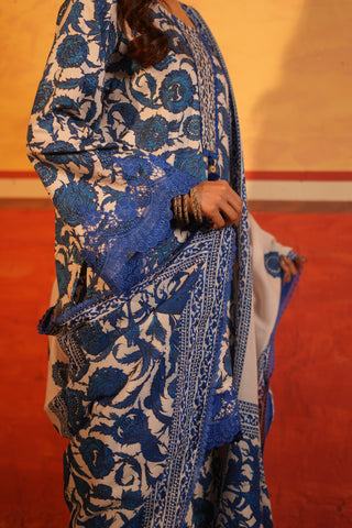 Blue Floral Printed Cotton Garara Set with Dupatta